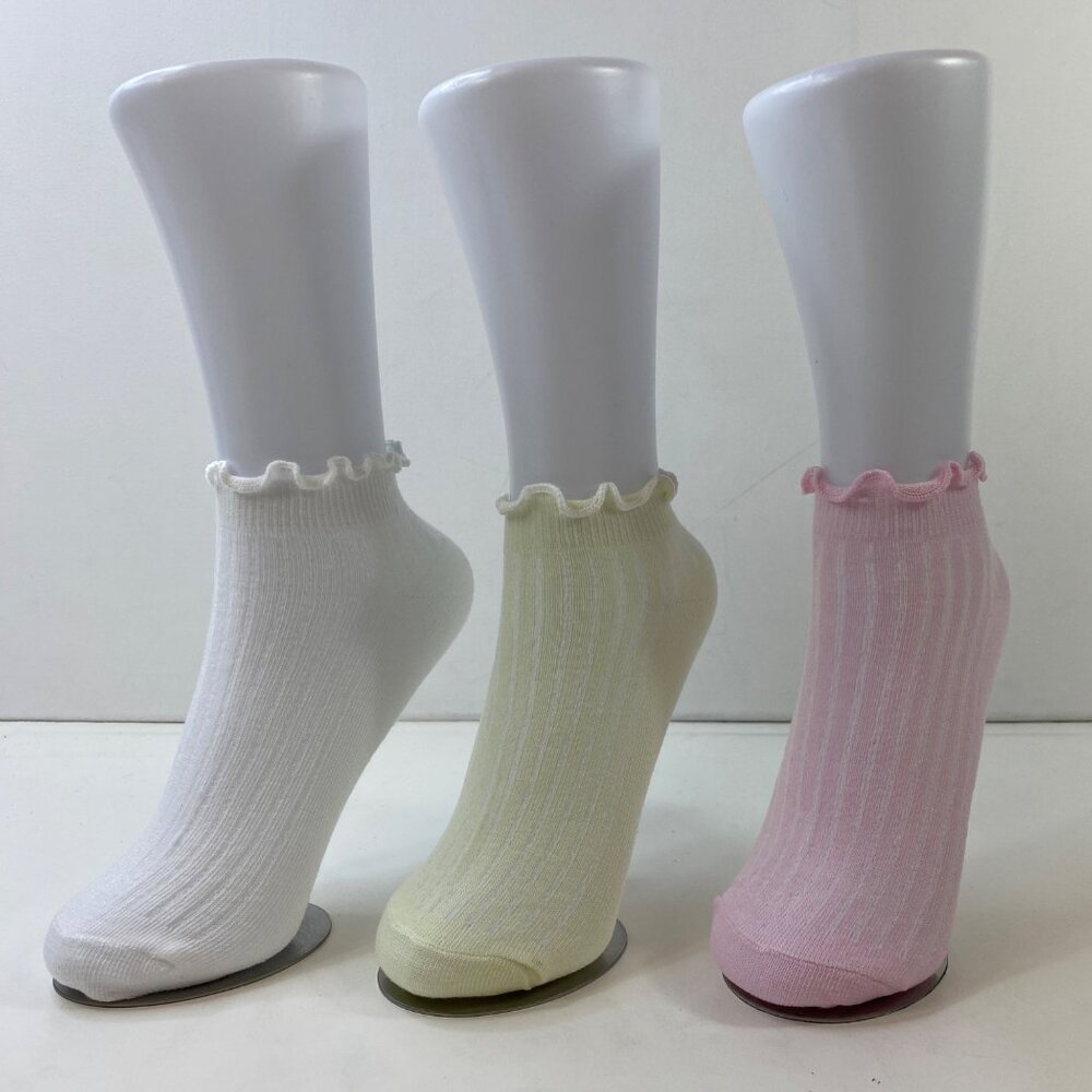 Womens Ankle Socks Set 3 Ruffled Cuff Pastel Yellow Pink White